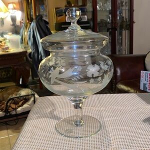 ANTIQUE Czech European Bohemia Etched Crystal Covered candy bowl with lid BX39